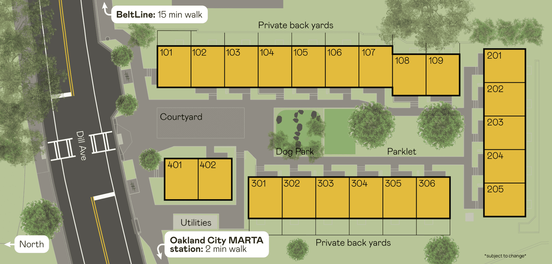 Site plan of townhomes at 1070 Dill Ave