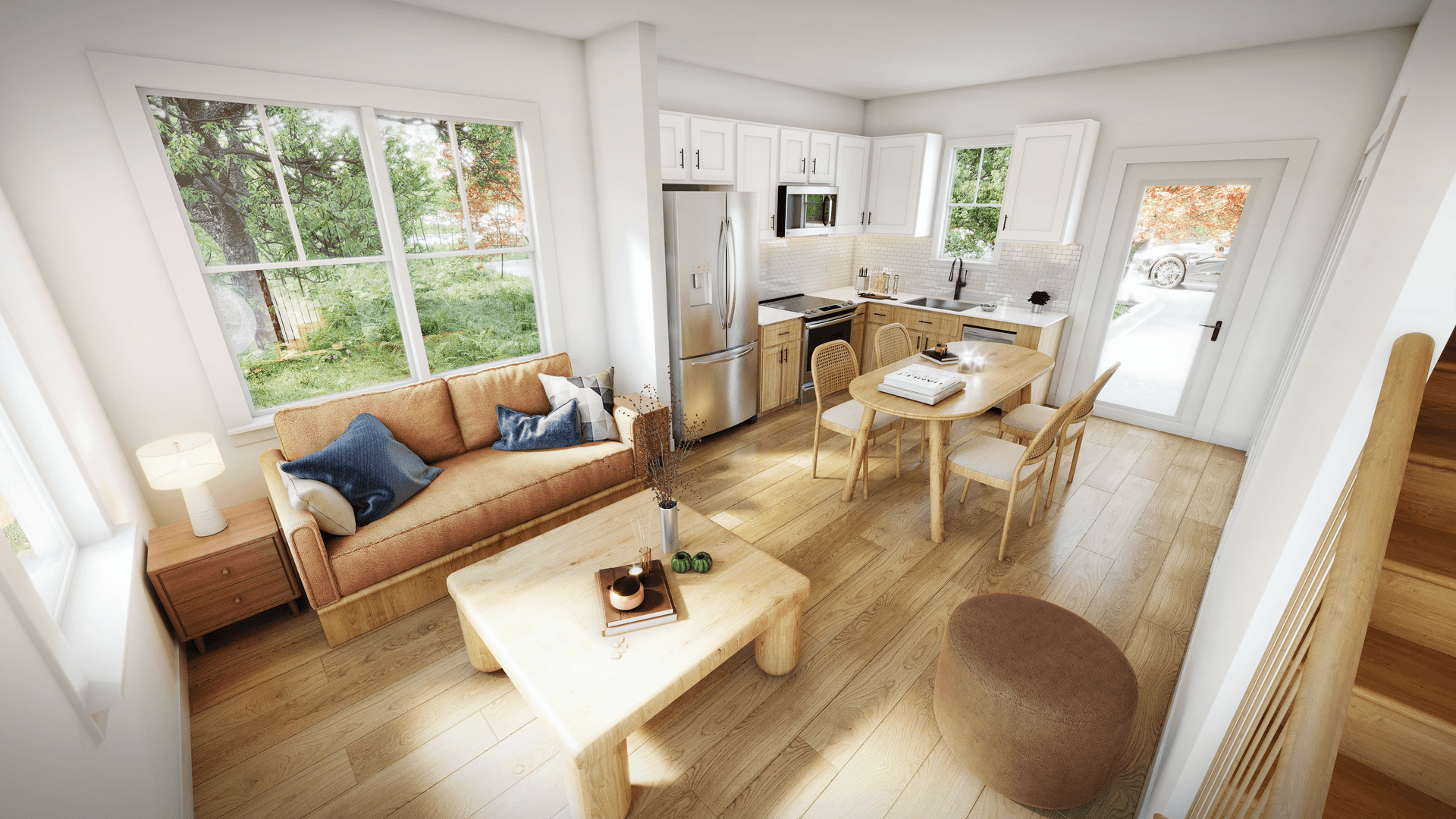 3D rendering of living room interior of 1-bedroom apartment. Lots of natural light coming in on combined kitchen-living room.