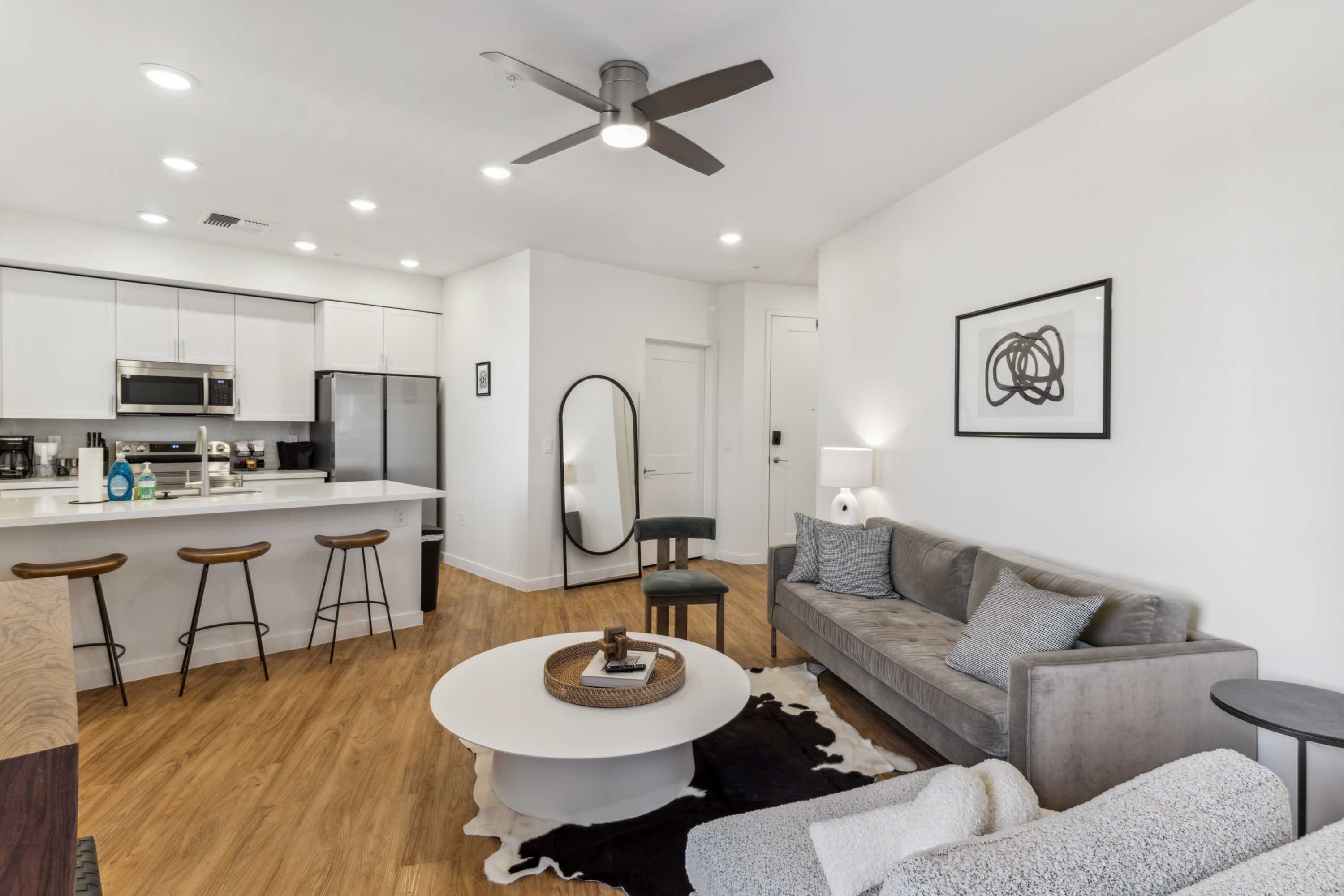 Cozy living area with a subtle Saguaro cactus motif and comfortable seating