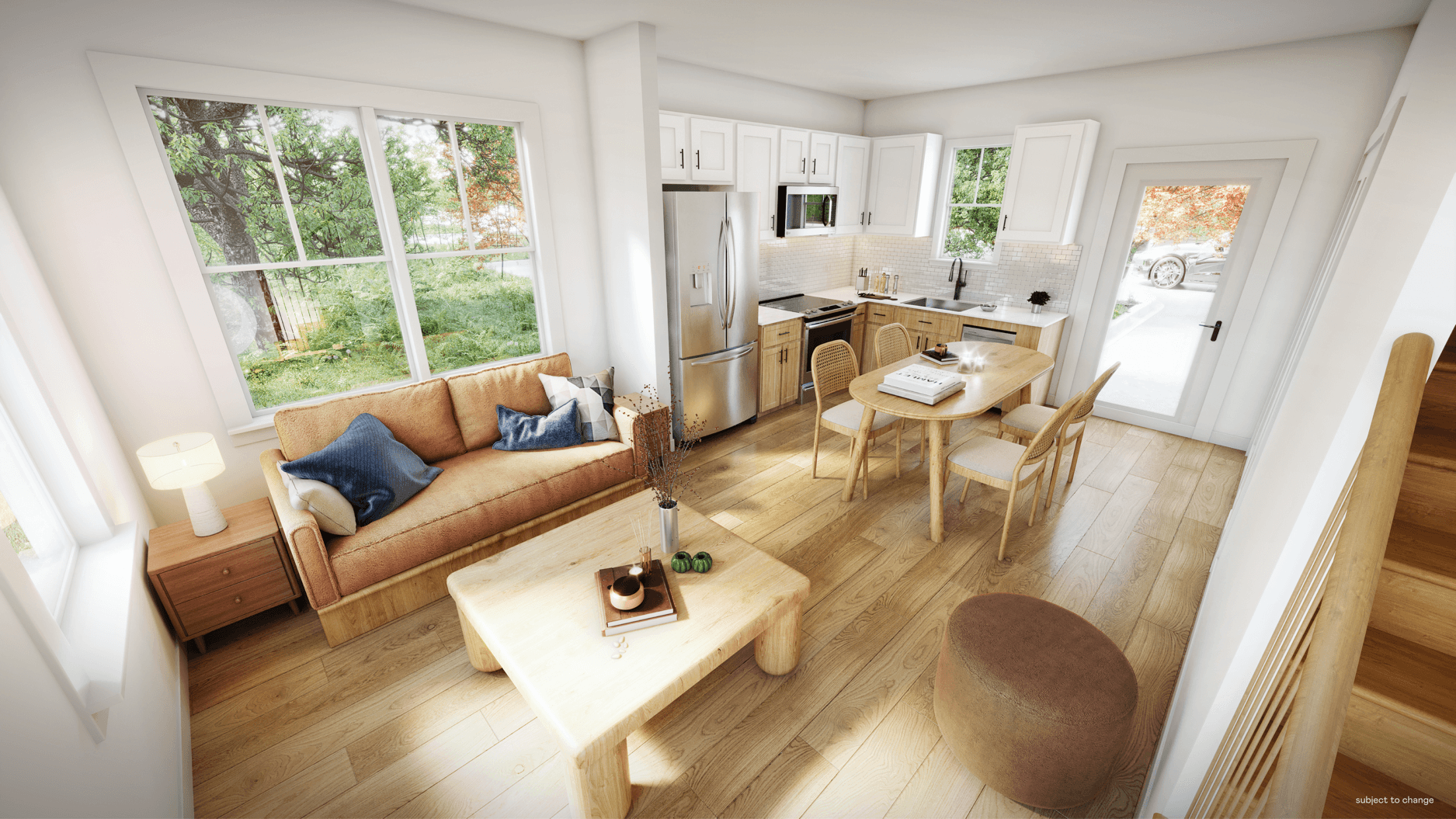 3D rendering of living room interior of 1-bedroom apartment. Lots of natural light coming in on combined kitchen-living room.