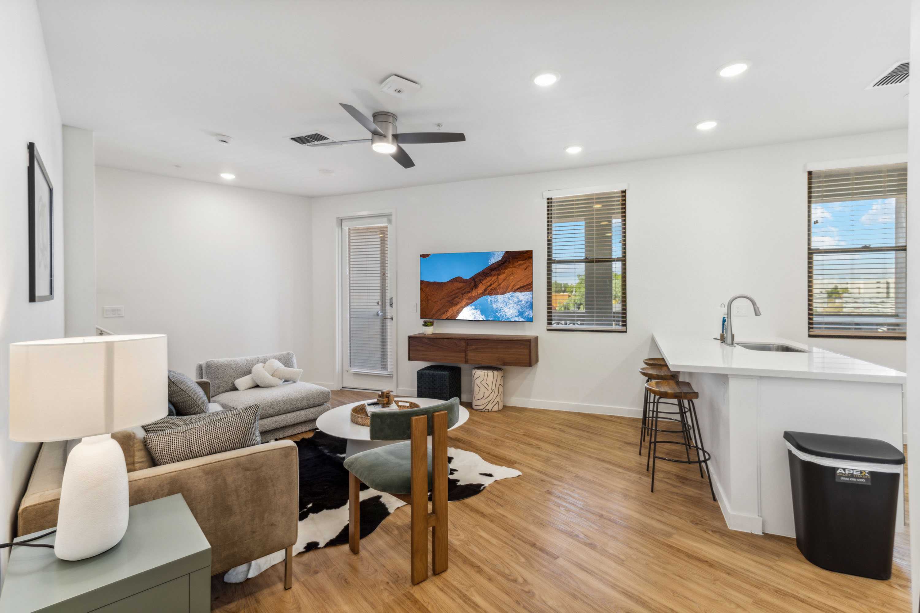 Spacious living room featuring a Saguaro cactus motif and contemporary decor