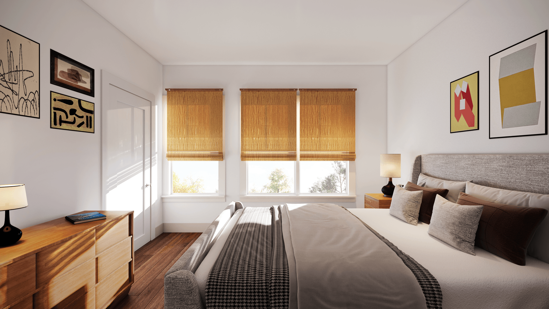 3D Rendering of bedroom interior of 1-bedroom apartment. Made bed, dresser opposite with lamp and close, natural light through half-closed blinds