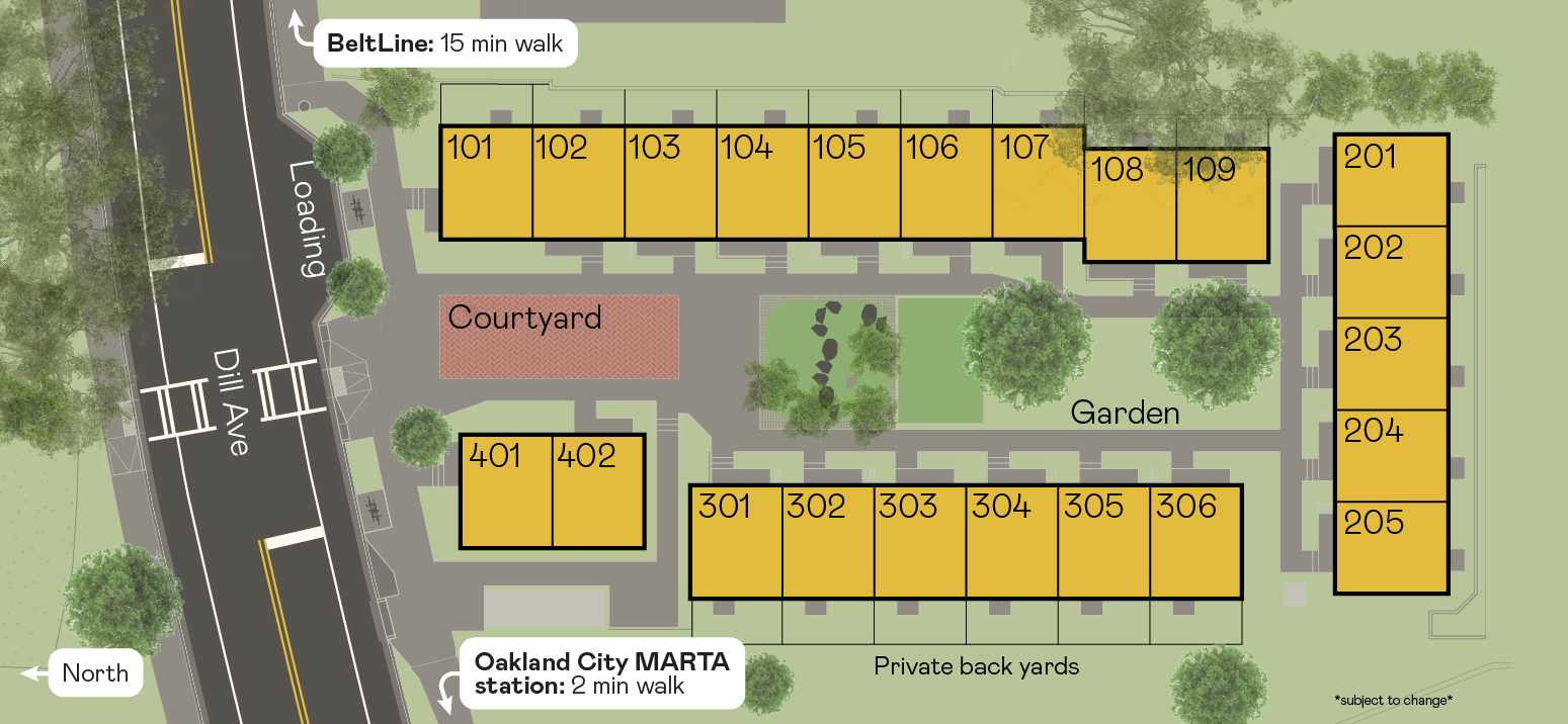 Site plan of townhomes at 1070 Dill Ave
